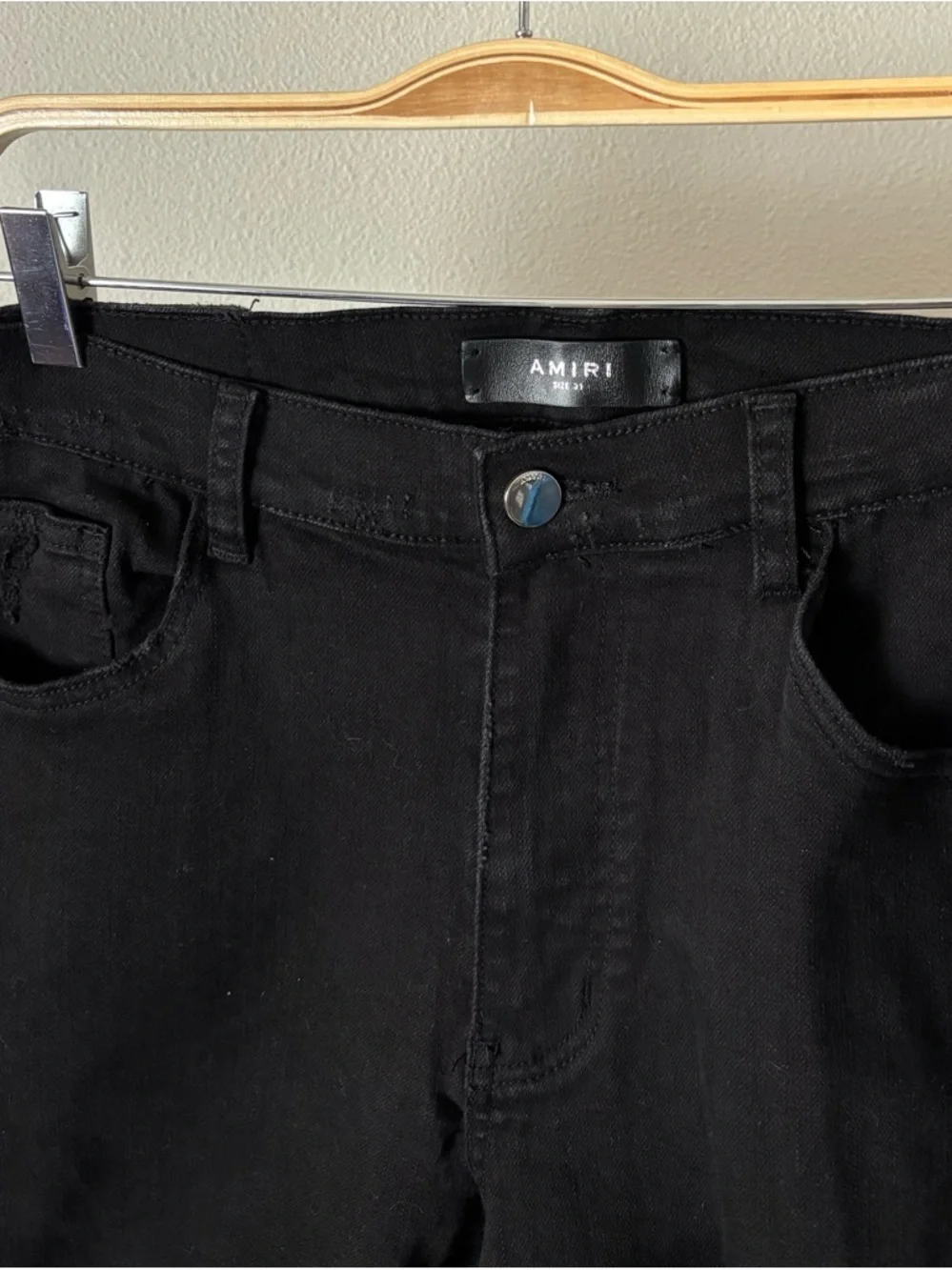 AMIRI Men's Jet Black Denim Distressed Jeans with White Side Stripes Size 31